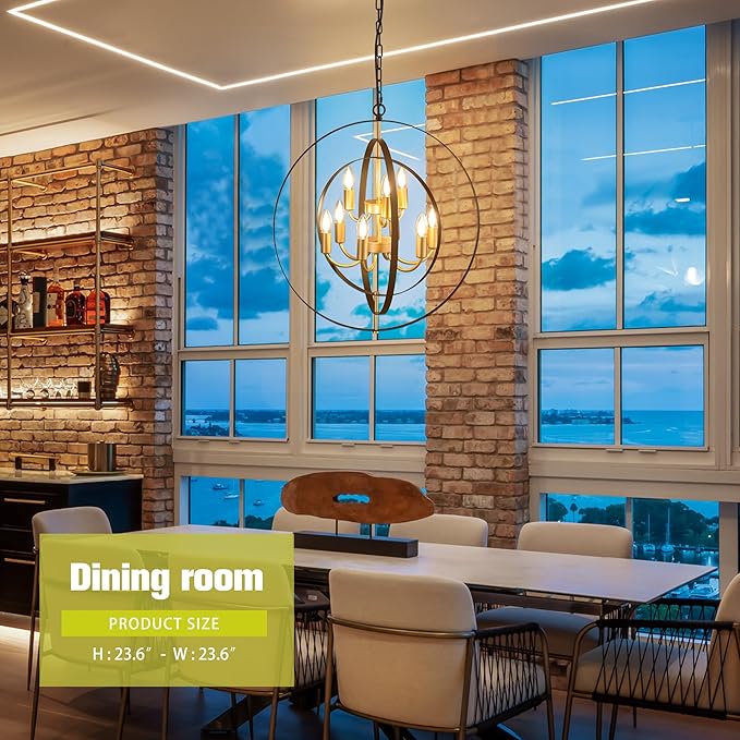 9-Light Globe Rustic Metal Chandelier, 23.6" Black Gold Adjustable Hanging Ceiling Pendant Light Fixture for Entryway Foyer Stairway Bedroom Dining Living Room Hallway