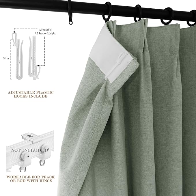 Full Blackout Privacy Curtains, 240 Inch Extra Wide Linen Blend Drapes, Pinch Pleat Window Drapery for Room Divider Storage/Space Room Separation, 1 Panel, W 240" x L 108", Fog Green