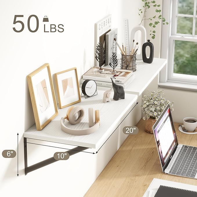 Fun Memories 20 Inch Floating Shelves for Wall, White Bathroom Shelves Set of 2, 10 Inch Deep Wall Shelf for Bedroom, Kitchen, Large Home Decor Shelves Farmhouse Storage Shelf