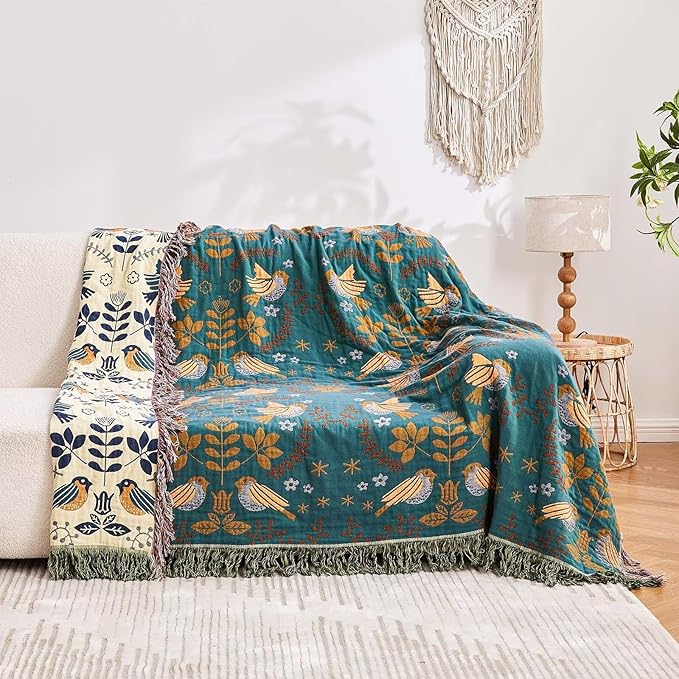 Boho Throw Blanket, 100% Cotton Ultra Soft Luxury Throw Rustic Quilt, 90"x98" Floral Printed Farmhouse Decor Bed Summer Blankets, All Season Rustic Reversible Bohemian Throw for Bed - Blue