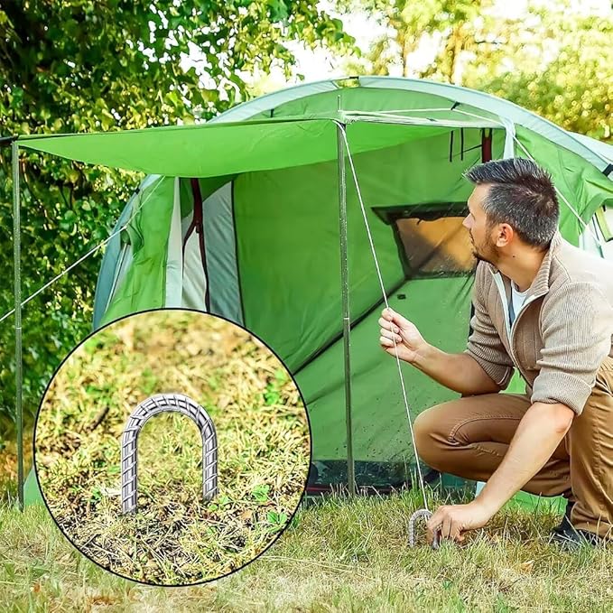 Ground-Stakes-Heavy-Duty-12 inch, U-Hook Rebar Stakes Galvanized Anti-Rust 6pcs Garden Stakes Metal Ground Anchors for Garden Dog Fence Chicken Coop Tent Trampoline Accessories Deer Fence