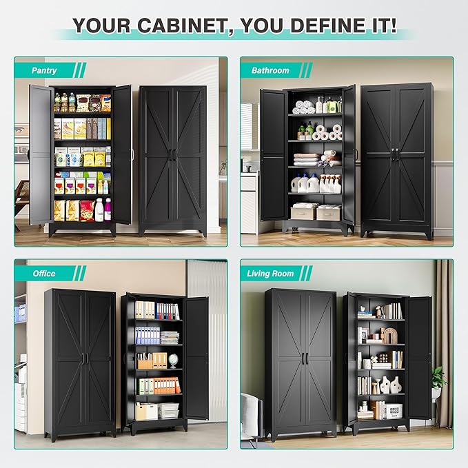 75" Tall Pantry Cabinet,Farmhouse Kitchen Pantry Storage Cabinets with 2 Doors and 5 Shelves,Black Metal Storage Cabinet,Large Cupboard for Home,Kitchen,Dining/Living Room