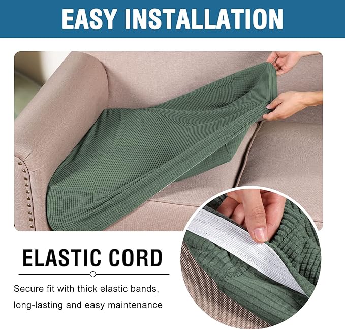 H.VERSAILTEX Super Stretch Individual Seat Cushion Covers - Sofa & Couch Cushion Slipcover Sets - Thick Jacquard Textured Twill Fabric (3 Piece XL Sofa Cushion Covers, Loden Frost)
