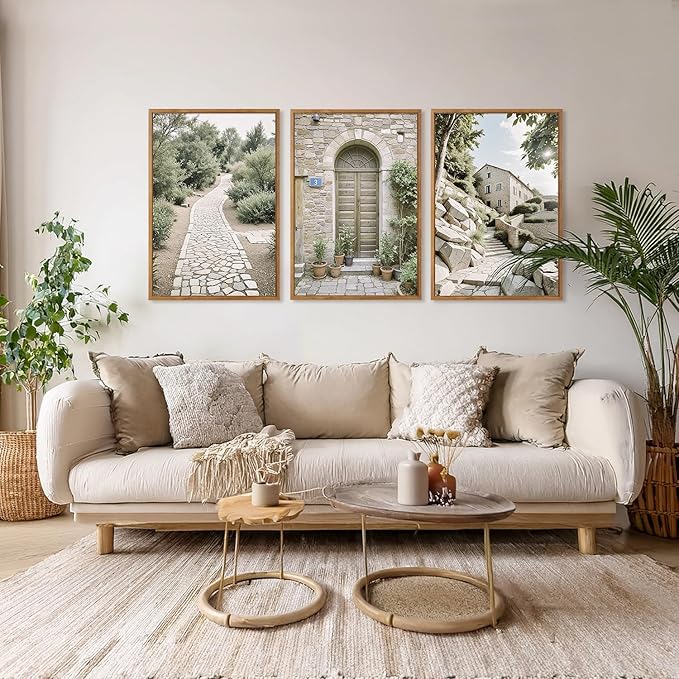 Aurlan Neutral Italy Countryside Landscape Framed Wall Art(16"x24"), 3PCS Vintage Mediterranean City Photography Gallery Canvas Artwork, Large Old Town Architecture Travel Decor Prints for Office Bedroom