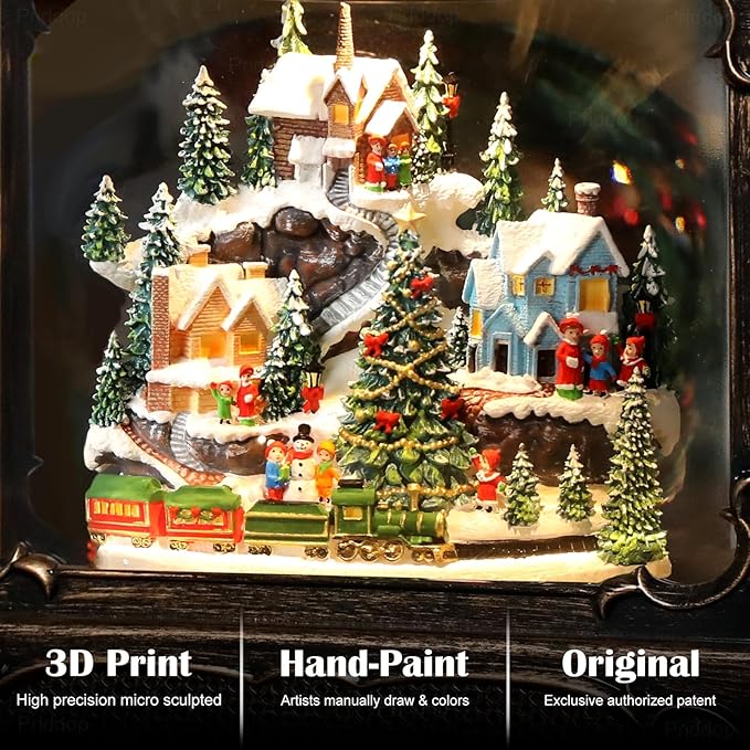 Christmas Snow Globe Lantern Christmas Decorations Gifts Snowy Village Scene Snowman Church Cabin Train Musical Glitter Snowfall USB/Battery Timer 12 inch