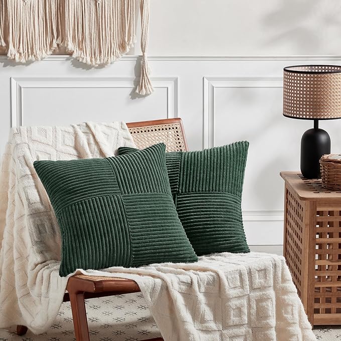 Fancy Homi Set of 2 Dark Green Samll Decorative Throw Pillow Covers 12x12 Inch for Living Room Couch Bed, Boho Farmhouse Forest Green Home Decor, Soft Corss Corduroy Patchwork Textured Cushion Case