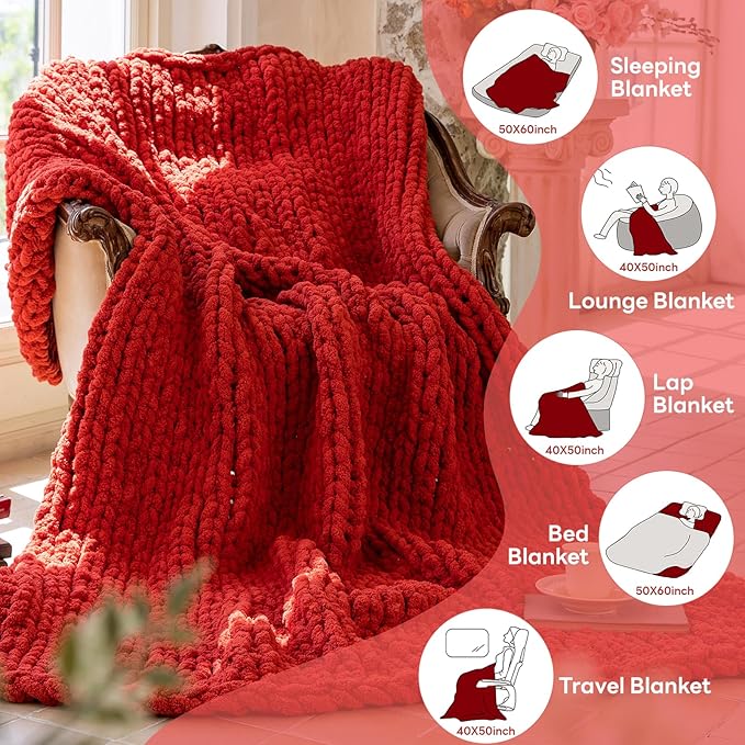 Chunky Knit Blanket - Luxury Soft Cozy 60 * 80 Throw Blanket,100% Woven Blanket Rope Knot Throw Blanket for Couch, Sofa, Home Decor, Gift - Machine Washable（Wine red）