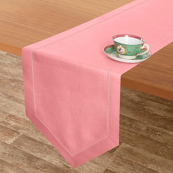 D'Moksha Homes Dusty Pink Linen Table Runner 90 Inches Long - 100% Pure Linen Diamond Table Runner 14 x 90 Inch for Dining, Fall and Halloween - Machine Washable