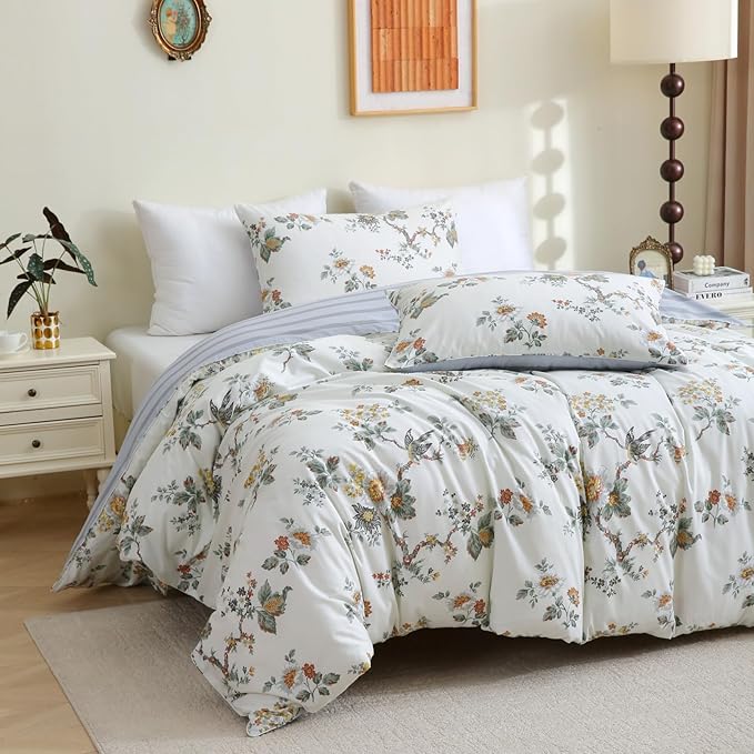 ABREEZE Floral Duvet Cover King Size Set Bird Flowers Bedding Set 100% Brushed Cotton Bedding Collection 1 Duvet Cover with 2 Pillowcases White