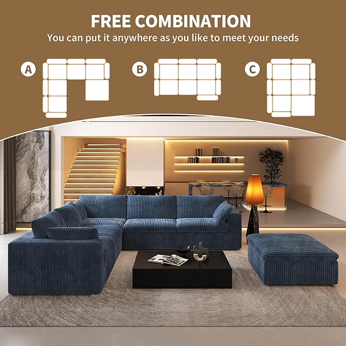 118" 6-Seater Cloud Sofa,Modular Sectional Couch with Ottoman,Modern Deep Seat Upholstered Couches with Plush Corduroy Fabric for Living Room Furniture,Bedroom and Apartment,No Assembly Required,Blue