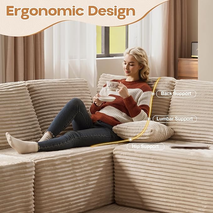 Cloud Sectional Couches for Living Room,U Shaped Modular Sofas No Assembly,133x68 Inches Plush Corduroy Oversized Floor Couch Set with Deep Seat Chaise,Beige