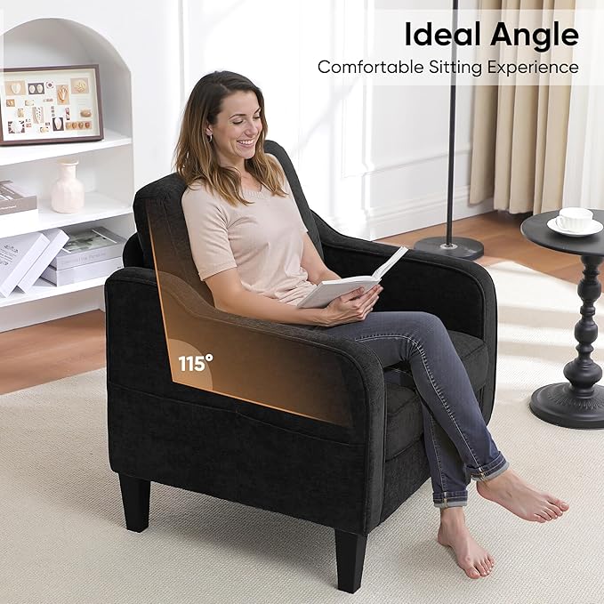 Accent Chair for Living Room, Mid Century Modern Reading Chair for Bedroom, Upholstered Armchair with Side Pockets, Comfy Single Sofa Side Chair for Office, Apartment, Small Room, Black