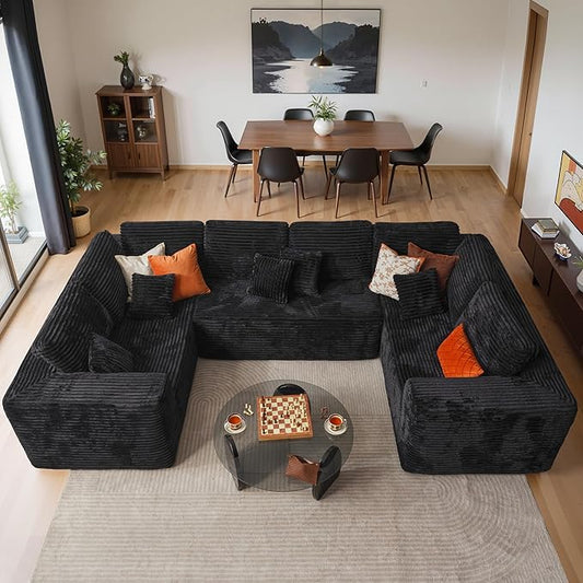 Cloud Sectional Couches for Living Room,U Shaped Modular Sofas No Assembly,135x79 Inches Plush Corduroy Oversized Floor Couch Set with Deep Seat Chaise,Black
