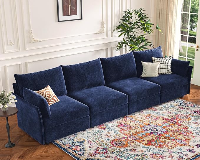 134.6" Modular Sectional Sofa, Oversized 4 Seater Blue Couch with Removable Chenille Fabric Cover, Deep Seat & High Backrest for Living Room, Office & Apartment