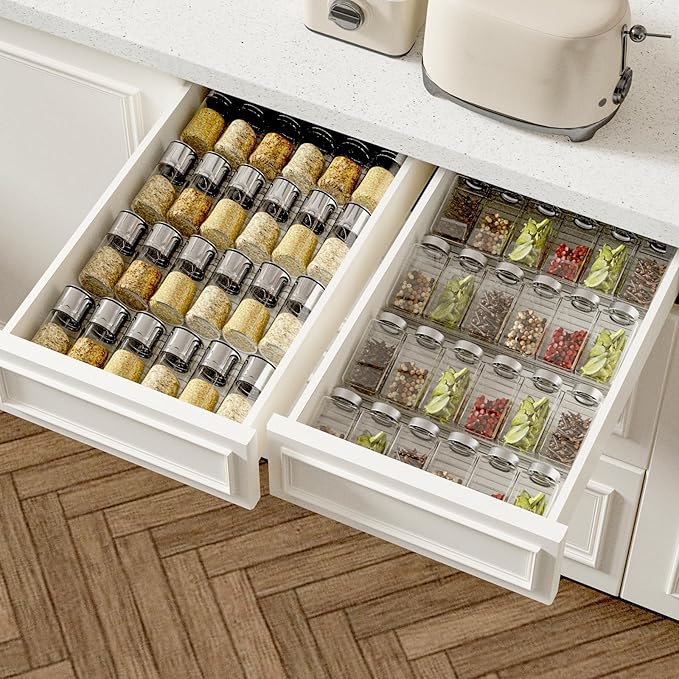 AMBIRD Spice Drawer Organizer, 4 Tier-2 Set Clear Spice Rack Tray Expandable From 11'' to 22'', Seasoning Organizer with non-slip tape for Kitchen, Cabinet, Drawers, Countertop(JARS NOT INCLUDED)