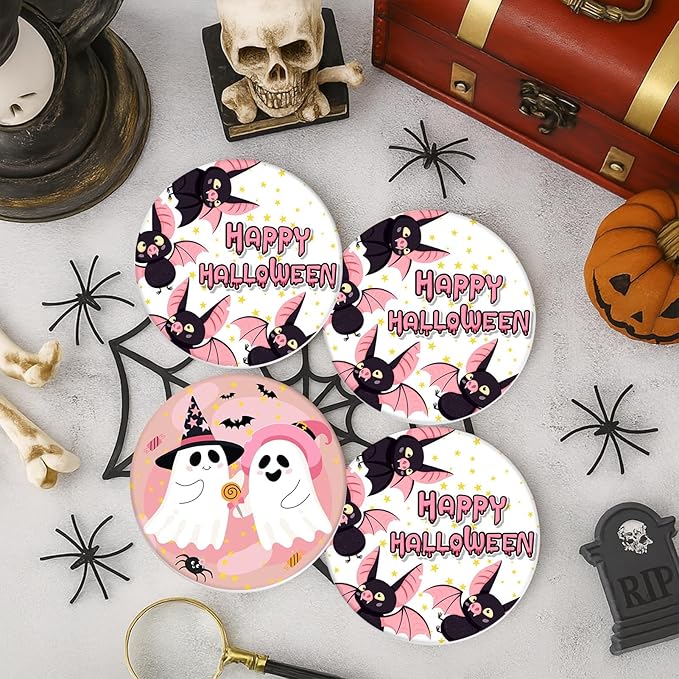 Coaster for Drinks Set of 6, Happy Halloween Cute Ghost Groovy Pink Absorbent Round Ceramic Stone Mat, with Cork Base and Metal Holder, Gift for Housewarming Room Bar Decor