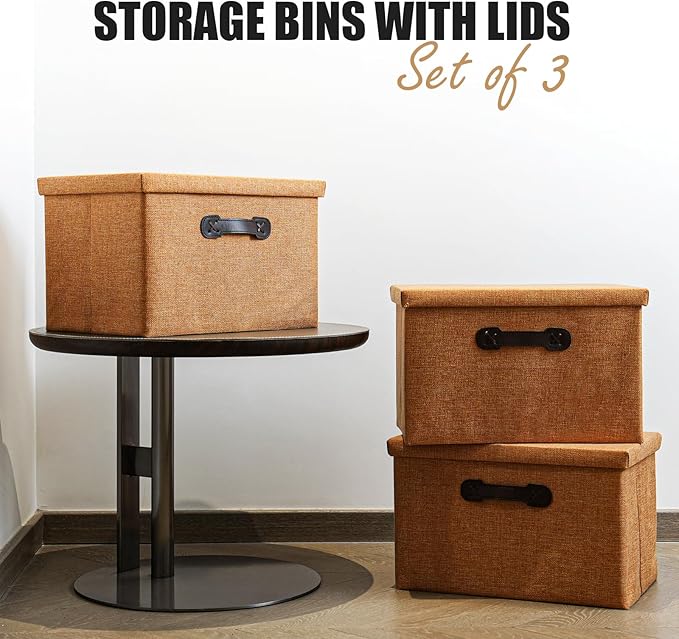 Enzk&Unity Decorative Storage Bins with Lids, Fabric Linen Foldable Storage Box with Handle Home Organizer for Shelf, Closet, Bedroom, Living Room, Office, 3 Packs, Brown