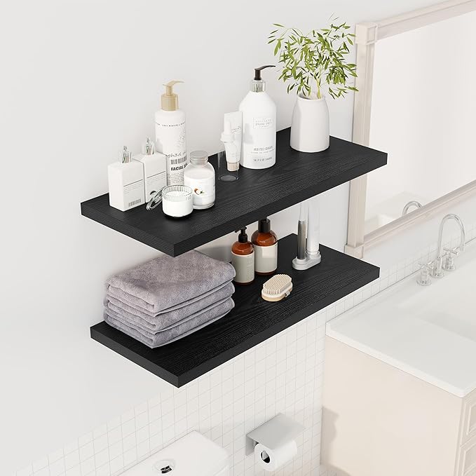 32" Floating Shelves for Wall, 12" Deep Slim Black Floating Shelves, Wall-Mounted Shelves for Bedroom, Living Room, Kitchen, Bathroom - Set of 2