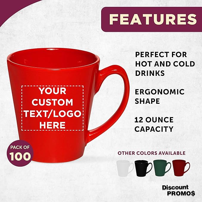 DISCOUNT PROMOS Custom Glossy Ceramic Latte Coffee Mug 12 oz. Set of 100, Personalized Bulk Pack - Perfect for Tea, Espresso, Cappuccino, Hot Cocoa - Red