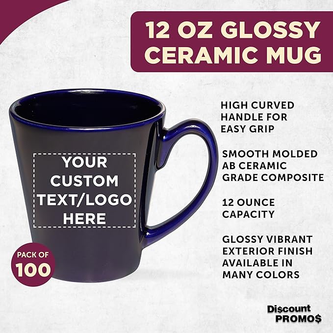 DISCOUNT PROMOS Custom Glossy Ceramic Latte Coffee Mug 12 oz. Set of 100, Personalized Bulk Pack - Perfect for Tea, Espresso, Cappuccino, Hot Cocoa - Blue