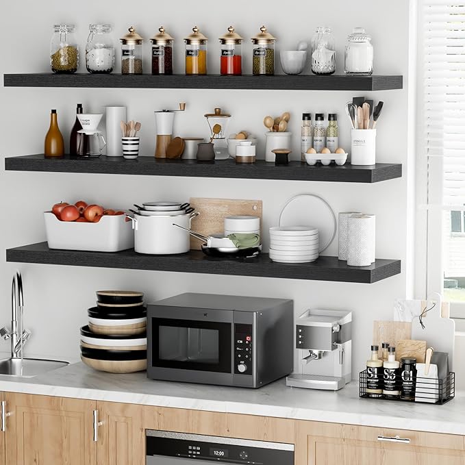 Fun Memories Floating Shelves - 12 Inch Rustic Wooden Wall Shelves - Extra Deeper & Thicker Wall Mounted Storage Shelf for Living Room, Kitchen, Farmhouse - 55" W x 12" D x 1.8" H - Rustic Black