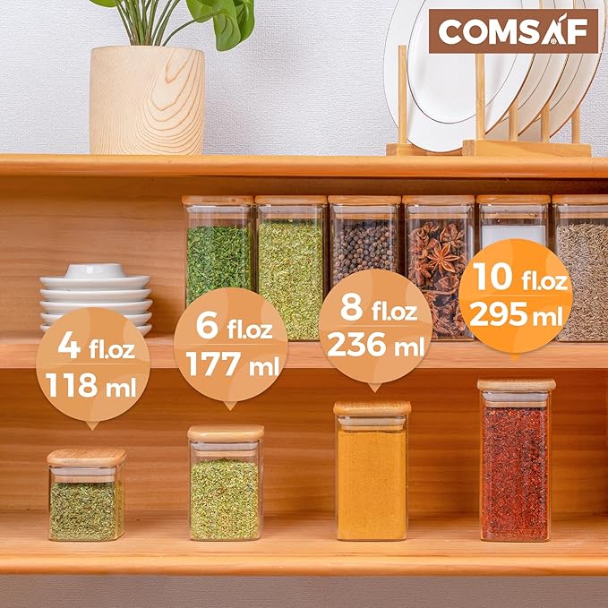 ComSaf 16Pcs Glass Spice Jars with Bamboo Lid, 10oz Airtight Square Containers with 275 Black Lables, Empty Seasoning Jars for Spice Salt Sugar