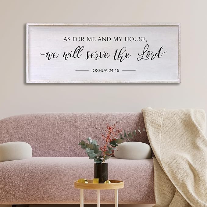 As for Me and My House We Will Serve the Lord Wall Decor - 32" x 12" Large Rustic Family Living Room Wood Framed Home Sign Joshua 24 15 Christian Bible Verse Plaque Hanging Wall Art(White)