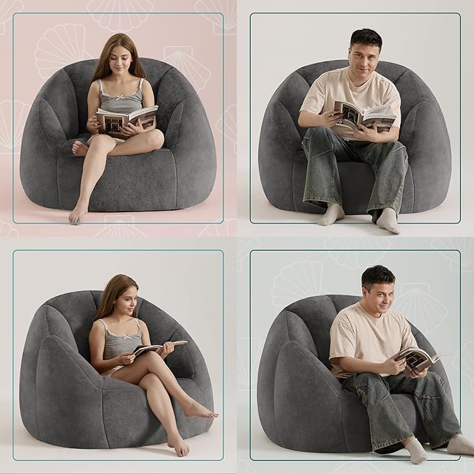 Giant Bean Bag Chair for Adults - Comfy Plush Round Shell Soft Accent Chair, Oversized Cozy Lounge Floor Sofa Reading Chair, Mini Couch for Living Room, Bedroom & Game Rooms, Gray