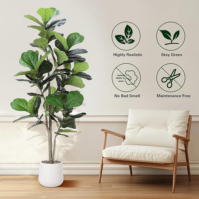 Artificial Fiddle Leaf Tree, 5ft Faux Plant Fake Ficus Lyrata Silk Trees with White Planter, Artificial Fig Trees Floor Plants for House Office Living Room Indoor Home Decor, Housewarming Gift