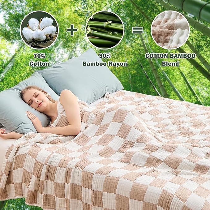 EMME Checkered Cotton Blanket Twin Large 60"x80" 100% Muslin for Couch Breathable Cooling Gauze All Season Soft and Lightweight Pre-Washed (Light Tan)