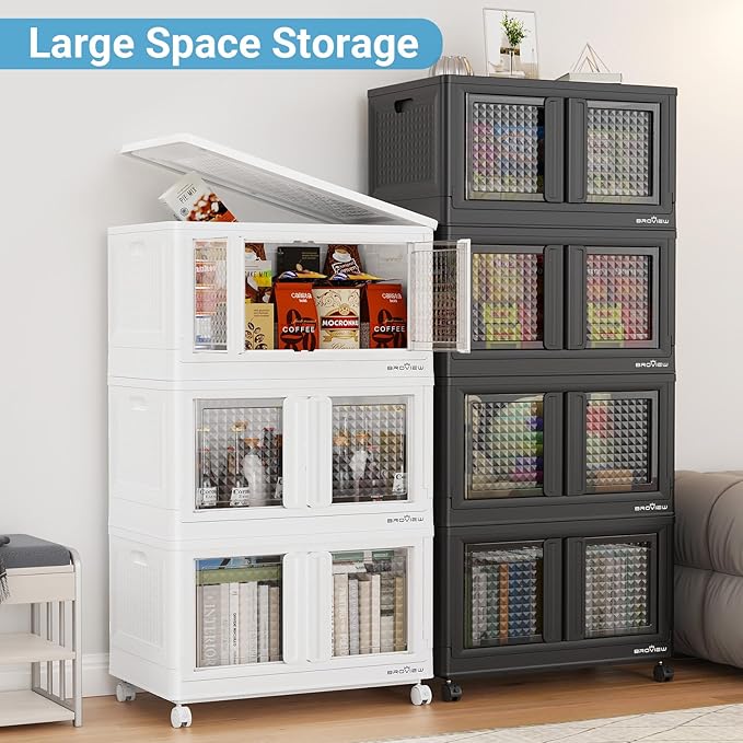 500Qt Stackable Storage Bins with Lids, 125Gal Closet Organizers and Storage Drawer, Plastic Collapsible Storage Bins with Doors, Heavy Duty Store Box Cabinet for Home Kitchen, 5Pack Black