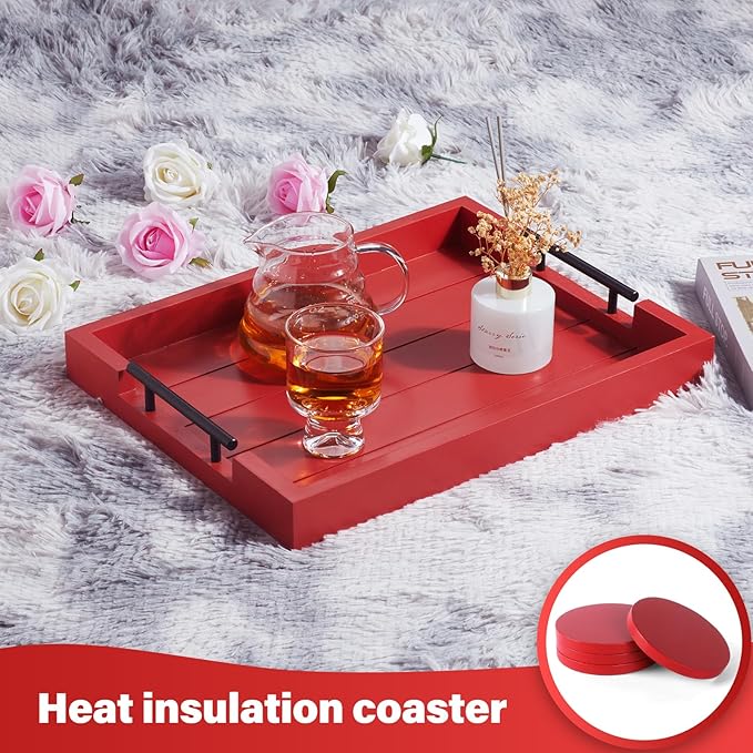 Coffee Table Decorative Serving Tray - 17x13 Inch Wood Tray with 4 Wooden Coasters - Ideal for Ottoman, Breakfast