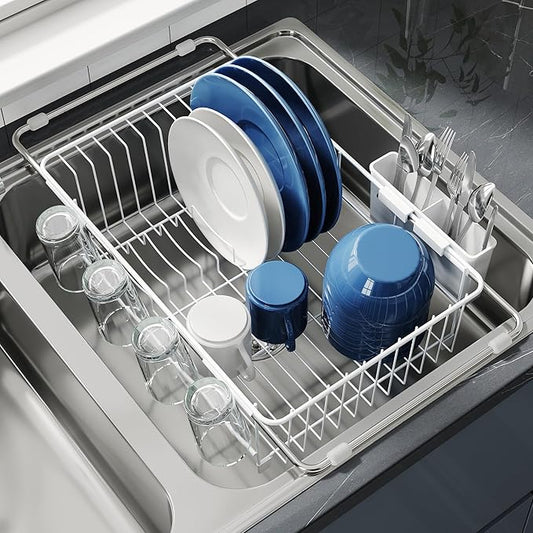 Dish Drying Rack in Sink, Small Dish Drainers for Inside Sink, Over The Sink Dish Racks, Stainless Steel Drying Rack with Utensil Holder, White