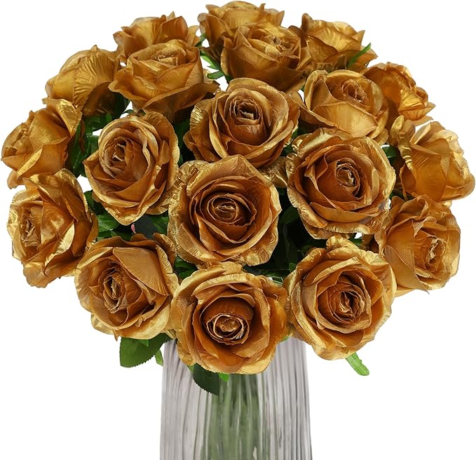Gold Fake Roses Artificial Flowers - 10 Pcs Fake Artificial Roses Silk Flowers with Stems for Home Wedding Hotel Office Centerpiece Decor