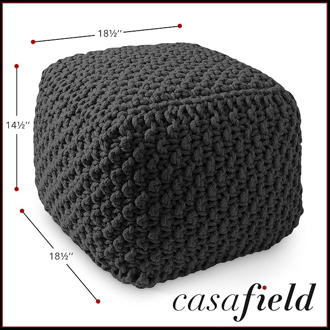 Casafield Square Pouf Ottoman, Black - 18.5" W x 18.5" D x 14.5" H Cotton Knit Foot Stool - Boho Floor Pouffe for Living Room, Bedroom, Home Office