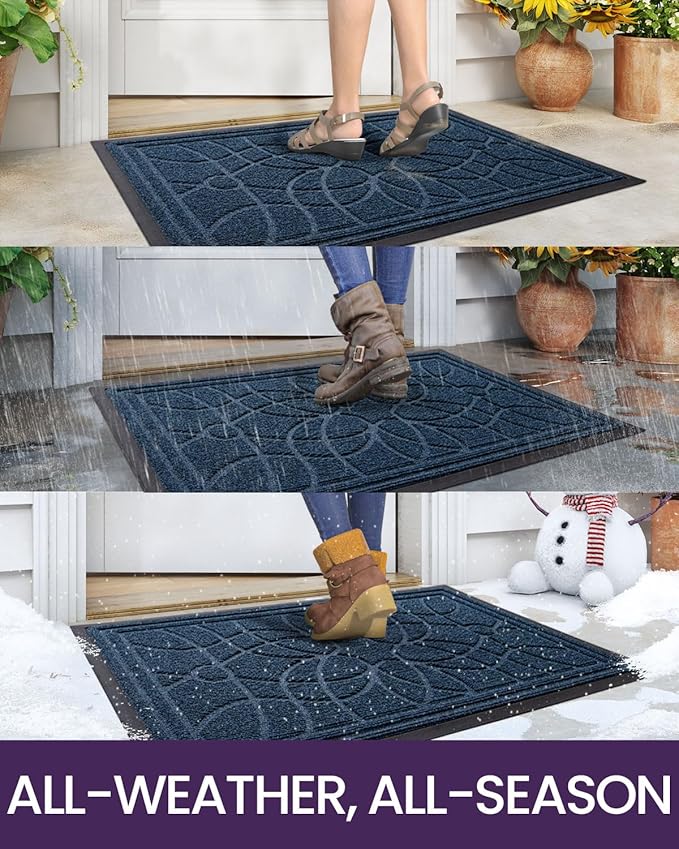 DEXI Front Door Mat Outside Entrance, Heavy Duty Non Slip Low Profile Doormat for Entryway, Trap Dirt and Moisture Welcome Mats, Easy Clean, Patio, Garage, 5x3, Blue