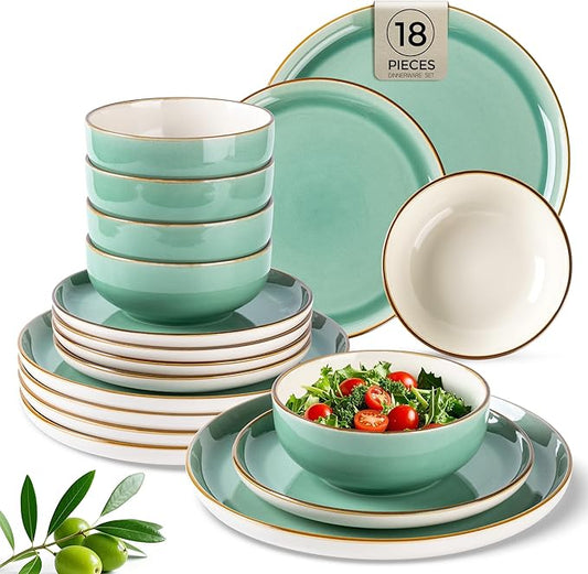 GBHOME Ceramic Dinnerware Sets, 18 Pieces Stoneware Dinnerware Set, Plates and Bowls Sets, Dishwasher & Microwave Safe,Dishes Set | Service for 6