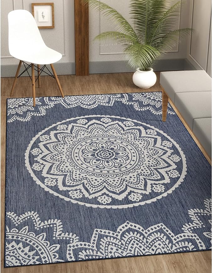 CAMILSON Outdoor Rug 10x14 Modern Area Rugs for Large Indoor and Outdoor Patios and Porches - Waterproof Washable Non-Shedding Easy-to-Clean Outside Carpet (10 x 14, Medallion - Blue/White)