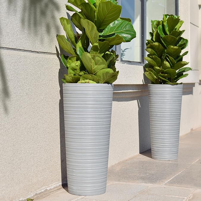 GreenShip 27" Tall Planters, Set of 2 – Black Outdoor Planter for Front Porch & Tall Plants, Weather-Resistant, with Drainage Hole & Rubber Plug (No Plants Included) (Light Gray)