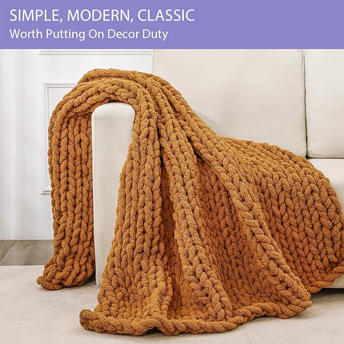 Bigacogo Chunky Knit Throw Blanket for Couch, 40x60 inches, 100% Hand Knitted with Thick Jumbo Chenille Yarn, Cozy Soft Large Rope Knot Cable Crochet Blankets for Sofa Bed Living Room, Burnt Orange