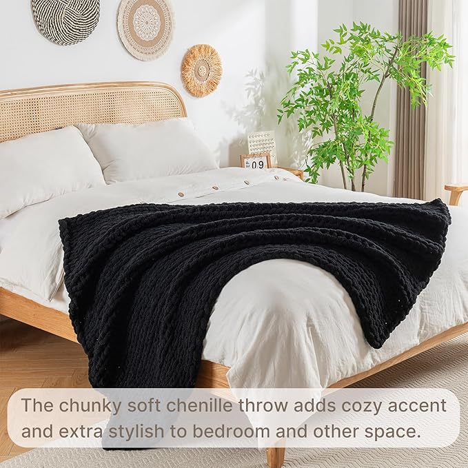 Chunky Knit Blanket Throw, 100% Hand Knit Throw Blanket Handmade Chenille Cable Knit Throw for Couch, Stylish Cozy Soft Rope Knot Crochet Blanket for Home Decor, Black, 50x60 Inches
