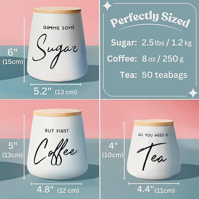 Coffee Tea and Sugar Ceramic Canister Set - 3-Piece Airtight Kitchen Canisters for Countertop - Coffee Bar Container Set
