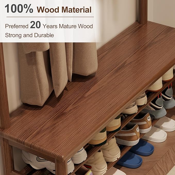 Coat Rack with Shoe Storage, Wooden Hall Tree with Bench, 11 Hooks and 2-Tier Storage Shelves, 3-in-1, Entryway Bench with Coat Rack (39.3"-Walnut)