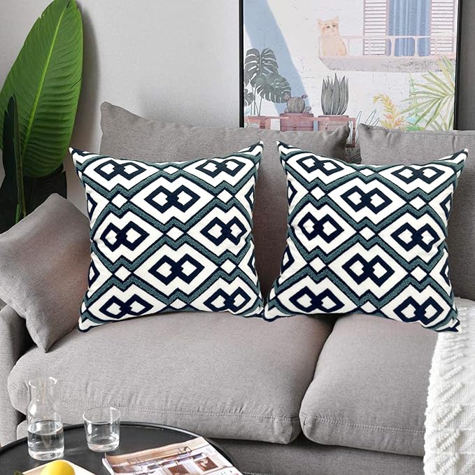 Alysheer Embroidered Decorative Throw Pillow Cover 18"x 18" Set of 2, Classic Boho Geometric Embroidery Pattern Cotton Square Cushion Case for Sofa Couch Living Room Bedroom (Navy Aqua)