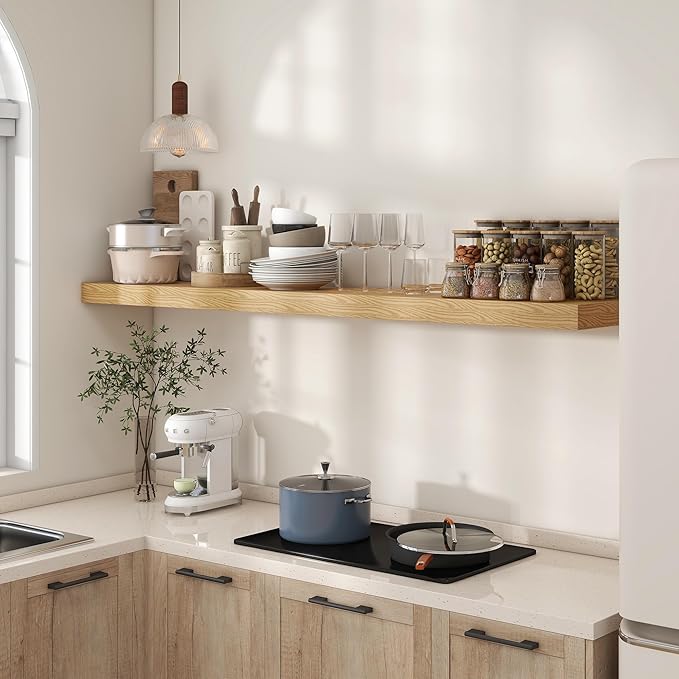 Deep Floating Shelves for Wall - 72 Inch Wide x 12 Inch Deep Wall Shelves Set of 1 - Rustic Oak Color Wood Shelves for Living Room, Bathroom, Laundry Room, Bedroom, Kitchen, Home Office