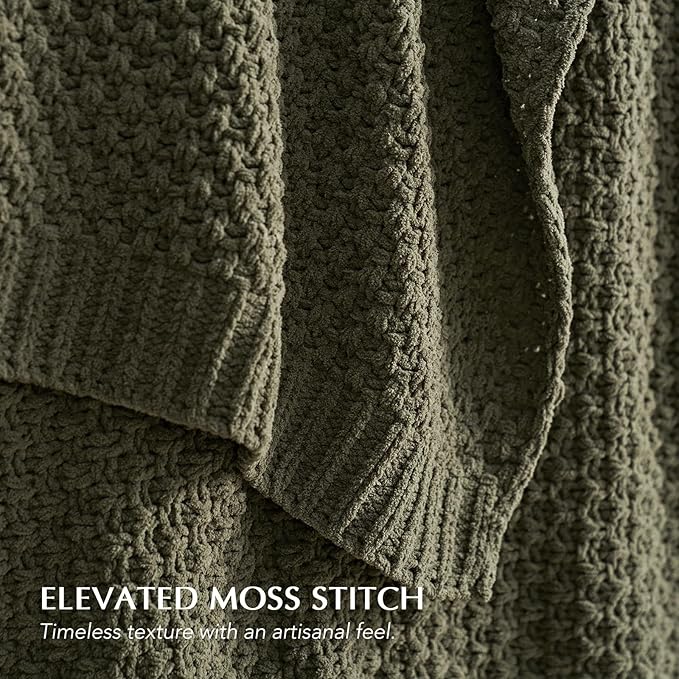 Chunky Chenille Knit Throw Blanket for Couch, Soft Luxurious Moss Stitch Blankets for Bed, Cozy Decorative Farmhouse Knitted Throws for Sofa, Olive Green, 50" x 60"