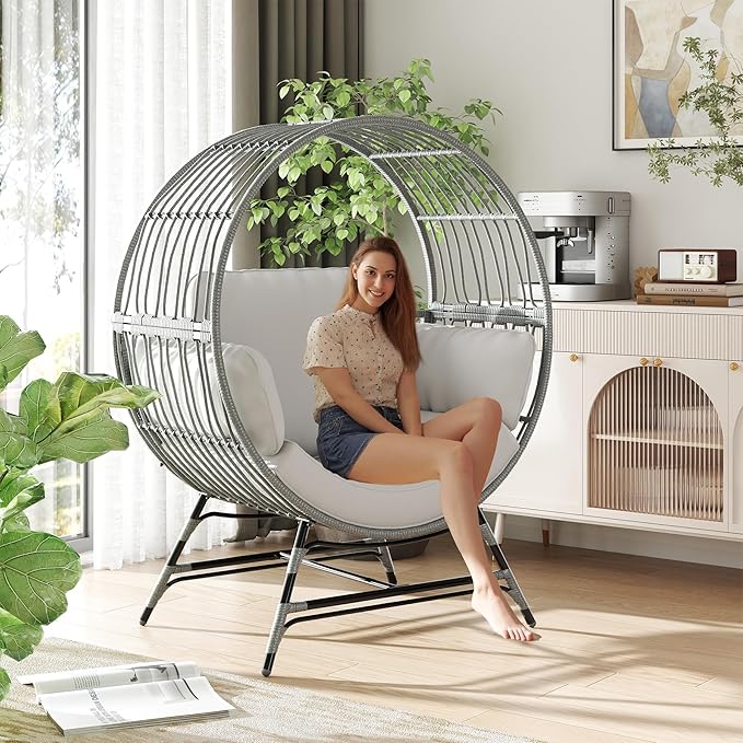 Egg Chair Outdoor Indoor, Oversized Rattan Chair with Thicken Cushion, 350LBS Capacity Wicker Patio Lounge Chair, Basket Chair for Living Room Balcony Porch Backyard, Grey/Light Grey