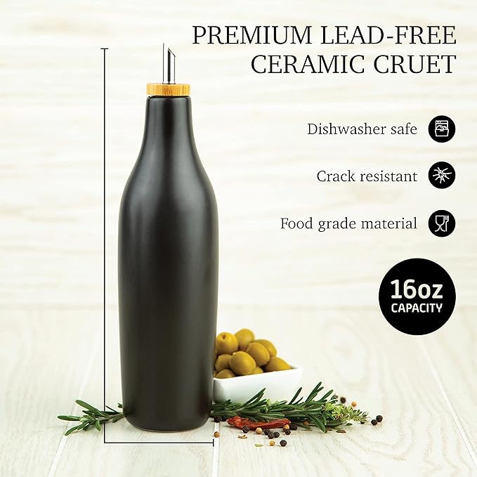 Black Ceramic Olive Oil Dispenser Bottle 16 Oz Container for EVOO or Vinegar, Kitchen Counter Design