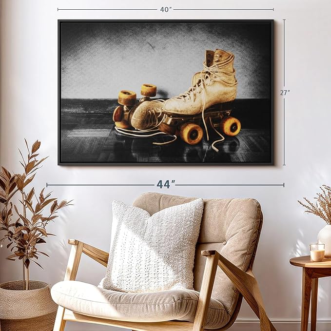 ElephantStock Vintage Skates Pop Wall Art - Horizontal Framed Canvas - 1-Piece Living Room Wall Decor - Sport Photography Canvas Print - Beige and Black Decor for Wall - 40" X 27"