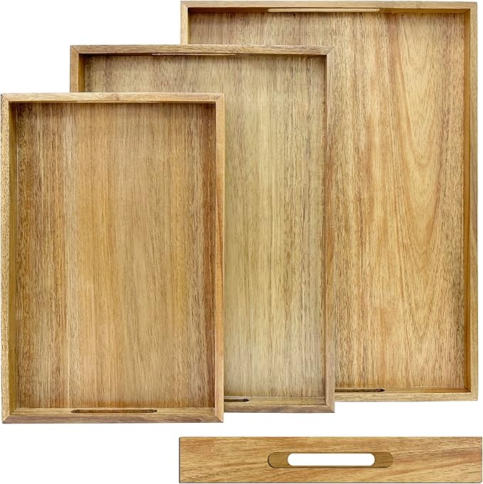 3 Pack Acacia Wood Serving Tray with Handles, Decorative Serving Trays Platter for Breakfast in Bed, Lunch, Dinner, Patio, Ottoman, Coffee Table, BBQ, Party, Great for Lap &Couch (Set of 3)